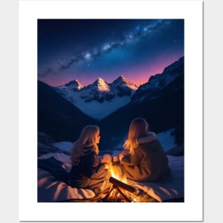 On a serene mountaintop two sisters sit on a blanket. Posters and Art